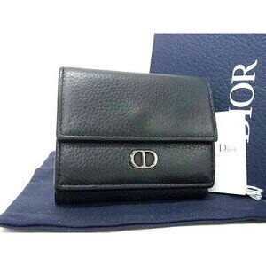 Christian Dior Wallet Black Leather Tri fold Double Hook Silver